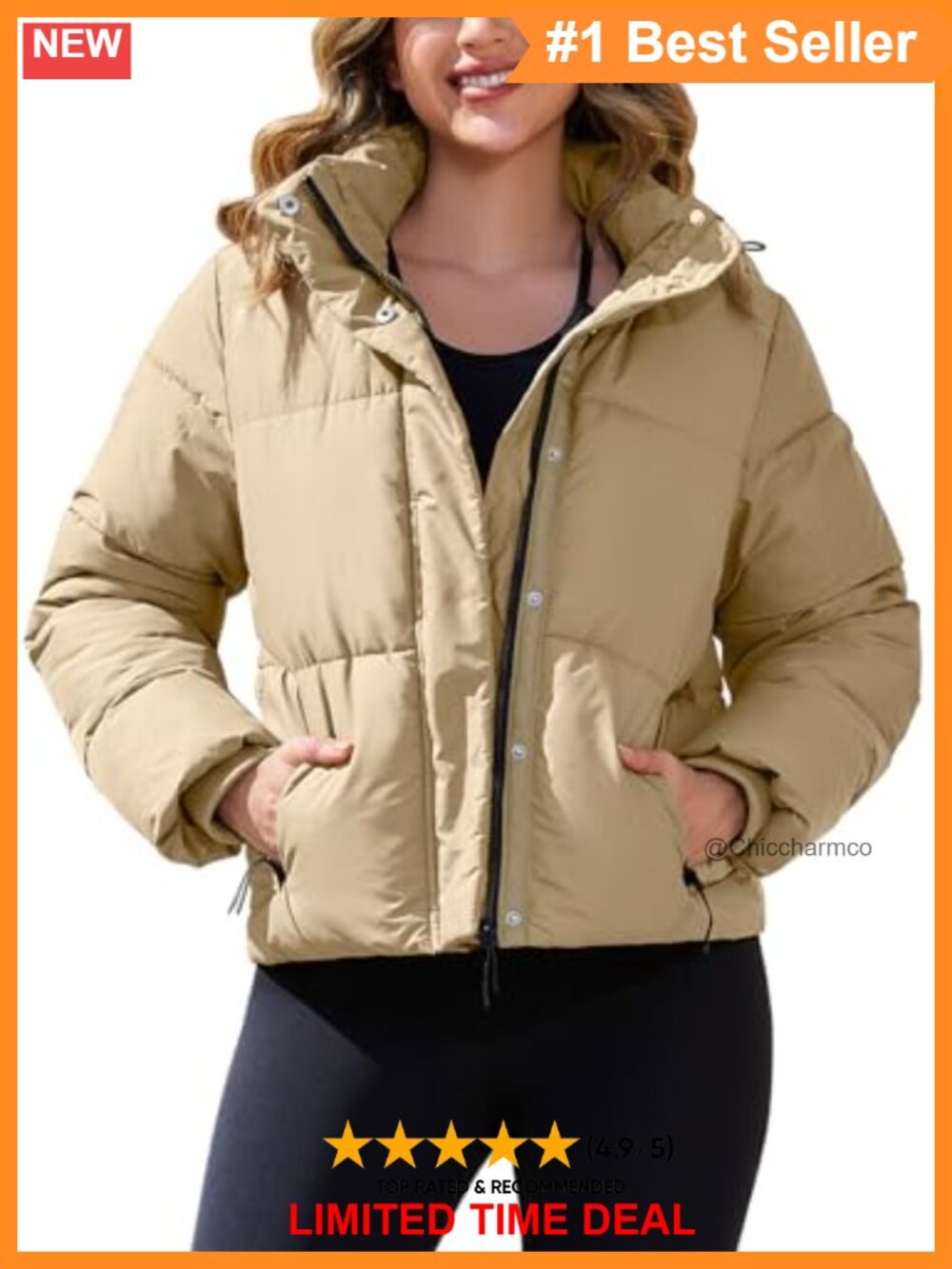 Womens Cropped Puffer Jacket Full Zip Winter Quilted Padded Coat
